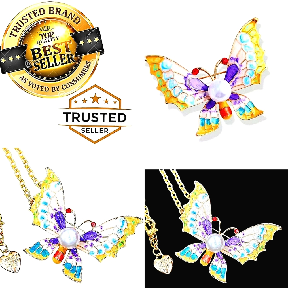 18K gold plated multicolor crystal pearl butterfly necklace/brooch